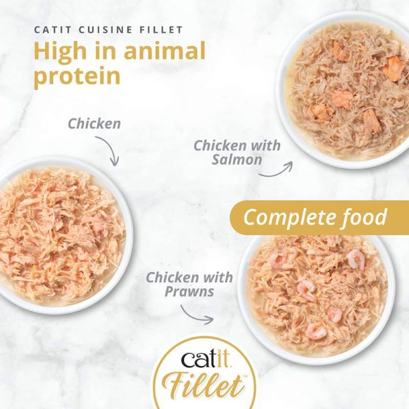 Three packs of Catit Cuisine Fillets Chicken high-protein, grain-free cat food.