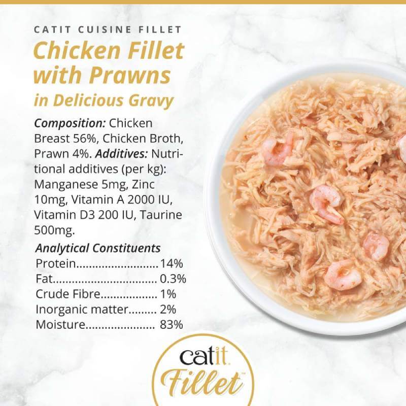 Catit Cuisine Fillets Chicken—high-protein cat food with real chicken fillets in gravy.