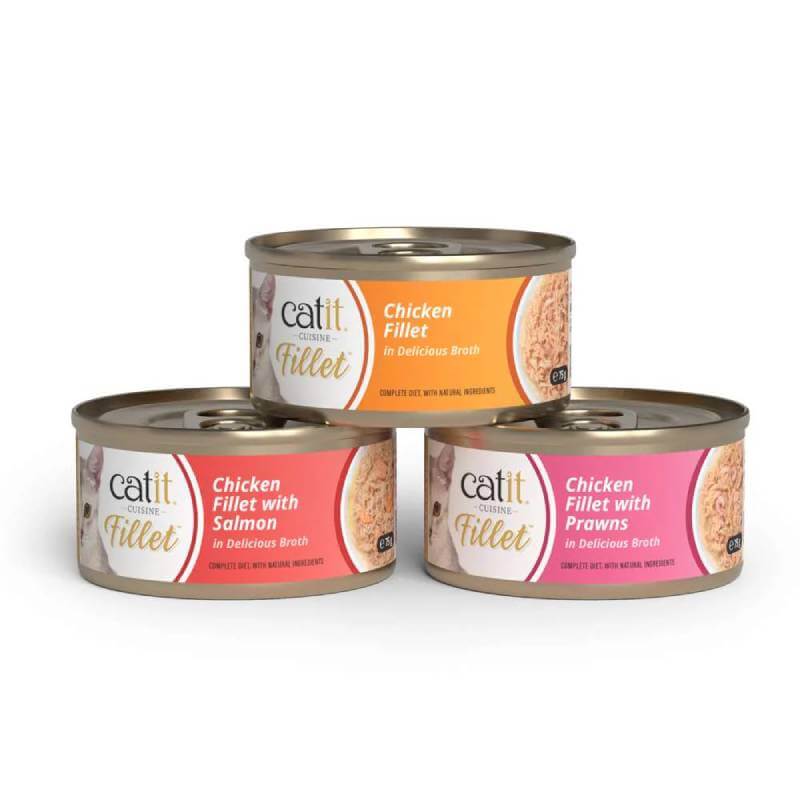 Three cans of Catit Cuisine Fillets Chicken cat food: chicken, salmon, and prawns.