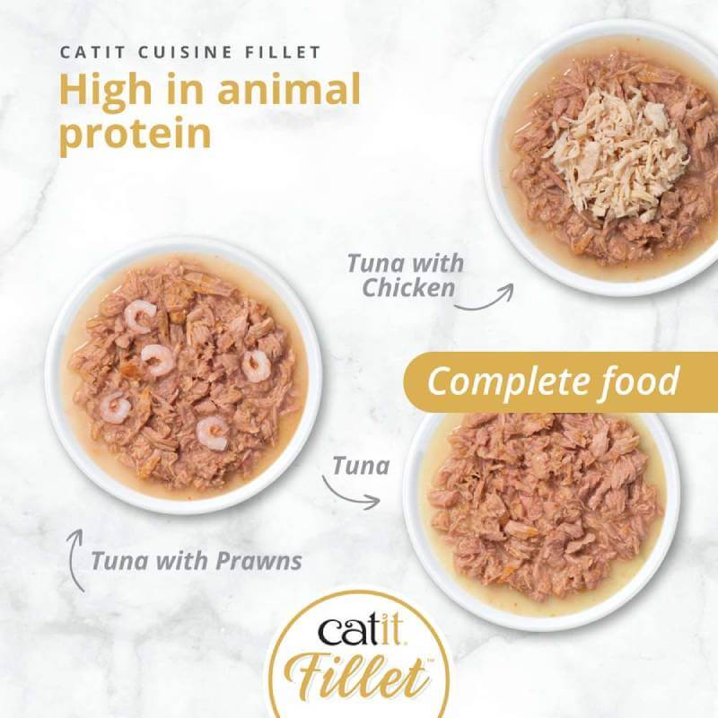 Three bowls of Catit Cuisine Fillets Tuna by Catit: Tuna, Tuna with Prawns, and Chicken.