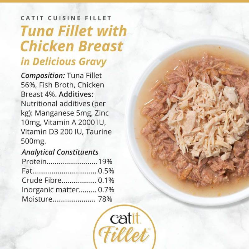 Catit Cuisine Fillets Tuna: High-protein, grain-free cat food with chicken breast in gravy.