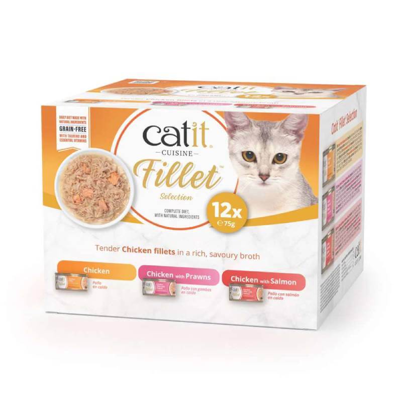 Catit Cuisine Chicken Fillets Variety Pack 12x75g—high-protein, grain-free cat food.
