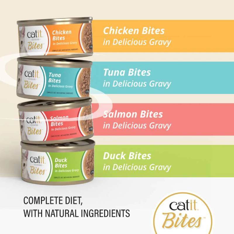 Four cans of Catit Cuisine Meaty Bites in Gravy stacked vertically.