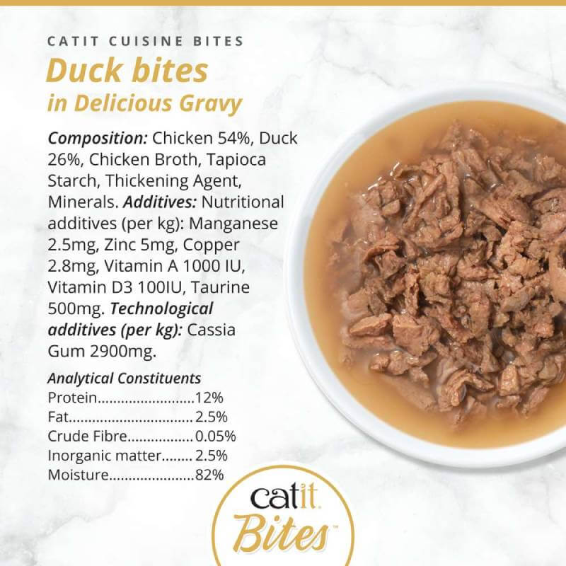 Catit Cuisine Meaty Bites in Gravy—high protein cat food with full ingredients and nutrition info.