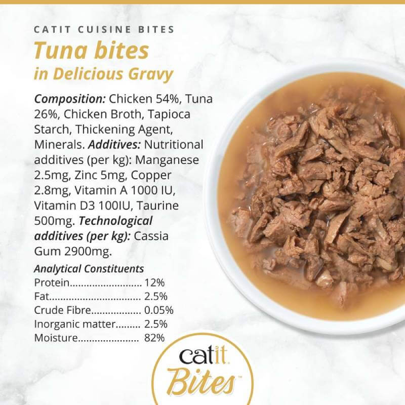 Catit Cuisine Meaty Bites in Gravy, a grain-free cat food, shown with nutrition details.