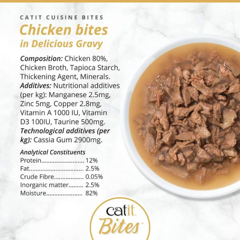 Catit Cuisine Meaty Bites in Gravy cat food with nutritional info shown beside the bowl.