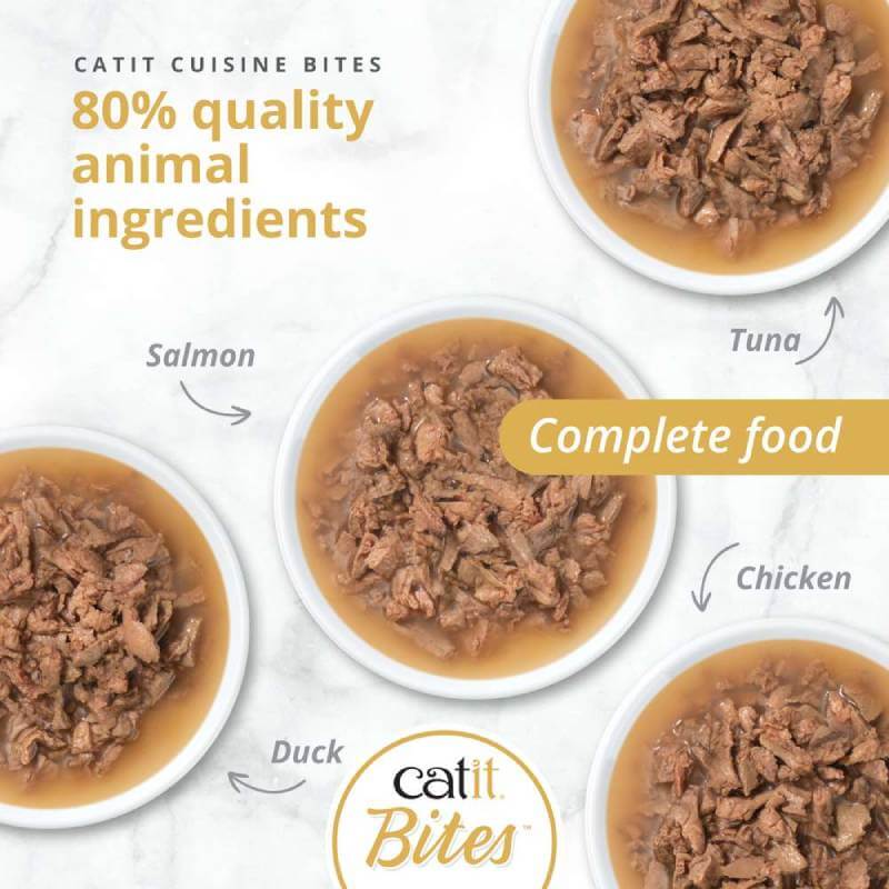 Four bowls of Catit Cuisine Meaty Bites in Gravy Variety Pack: salmon, tuna, chicken, duck.