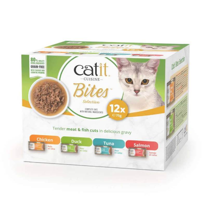 Catit Cuisine Meaty Bites in Gravy Variety Pack 12x75g—grain-free chicken, duck, tuna & salmon.
