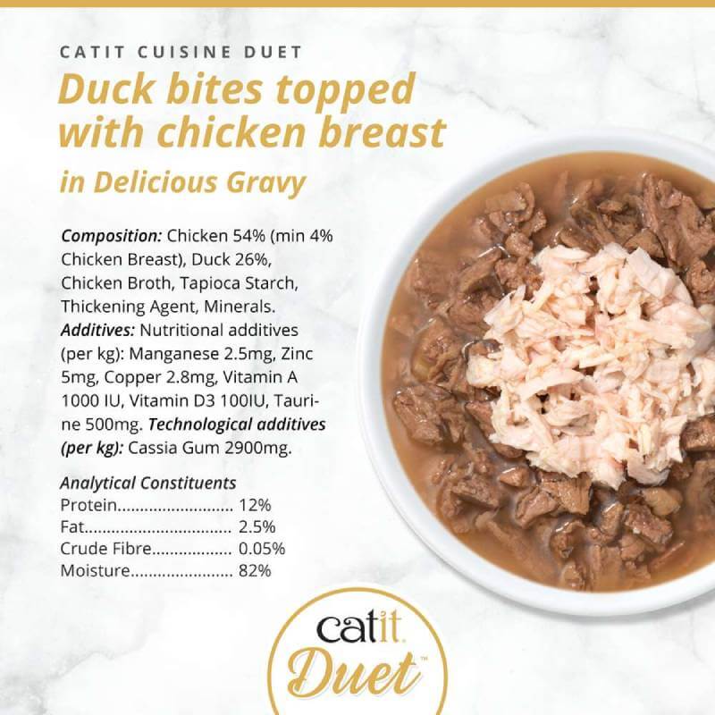 Catit Cuisine Duets: brown shredded meat & white chicken in gravy, grain-free cat food.