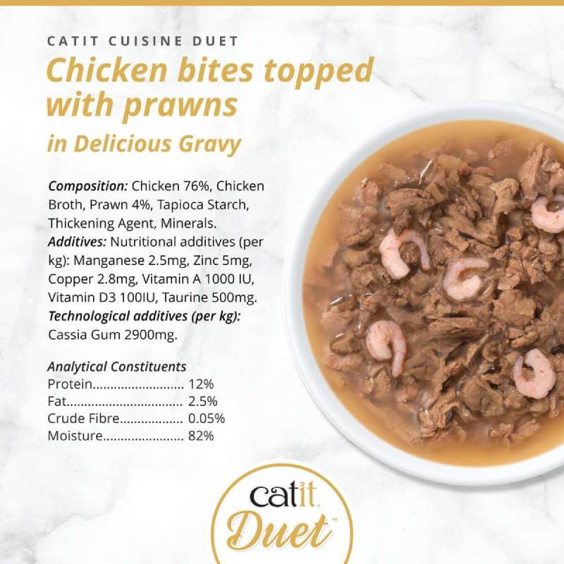 Catit Cuisine Duets by Catit: grain-free chicken & prawn bites in savory gravy for cats.