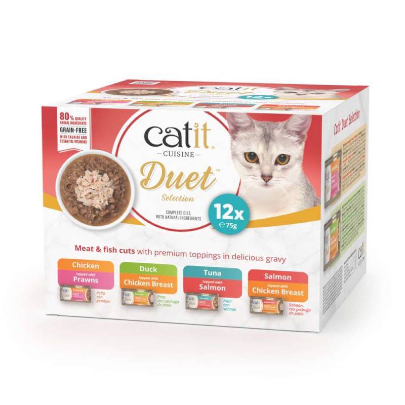 Catit Cuisine Duets Variety Pack 12 x 75g grain-free cat food with quality animal ingredients.