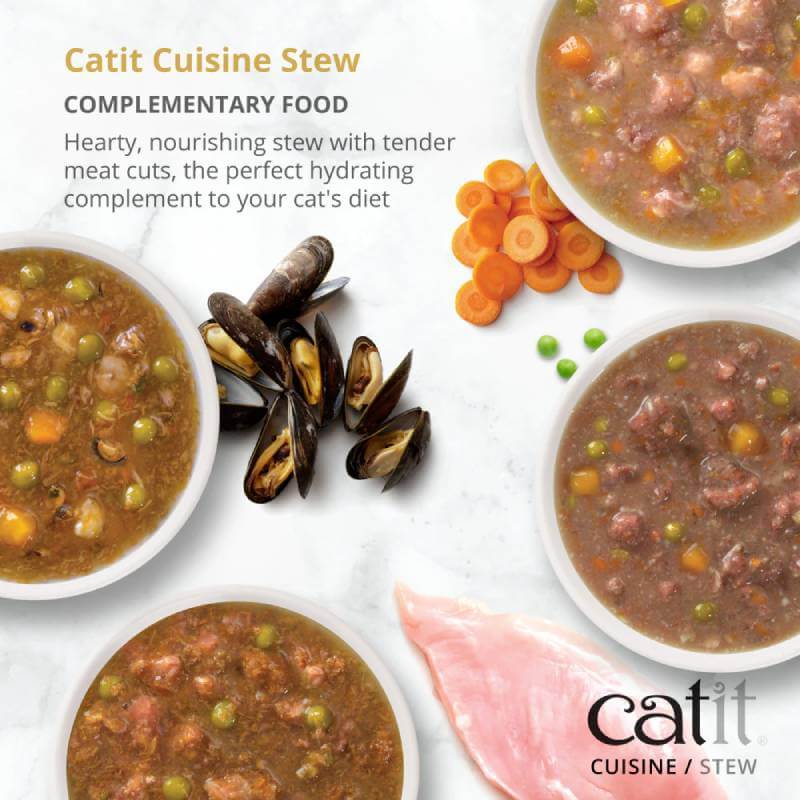 Four bowls of Catit Cuisine Stew Variety 12x95g—grain-free wet cat food with chicken, mussels & veggies.