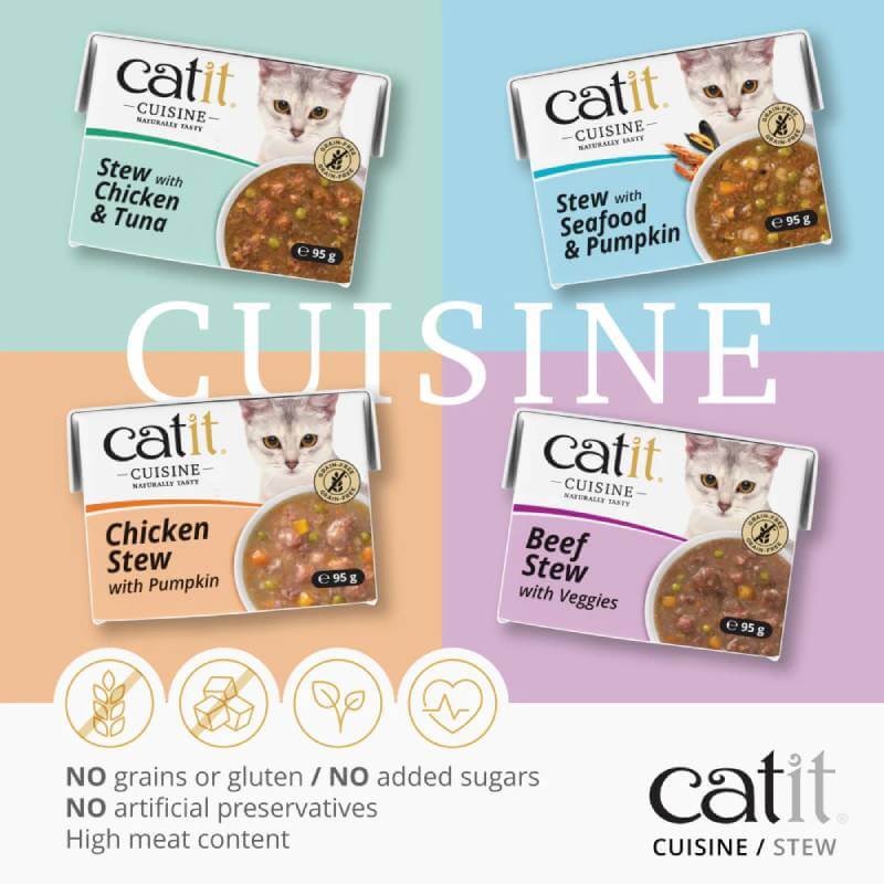 Catit Cuisine Stew Variety 12x95g—grain-free wet cat food in assorted flavors.