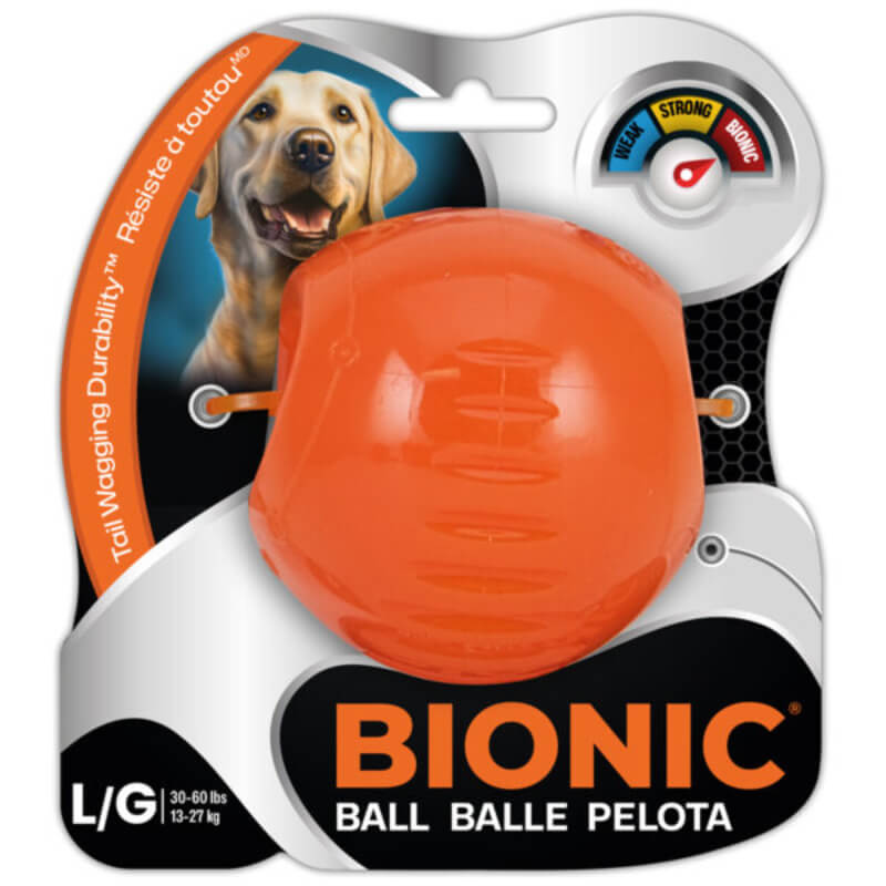 Bionic Ball by Bionic: durable orange fetch toy for large dogs 30–60 lbs, in packaging.