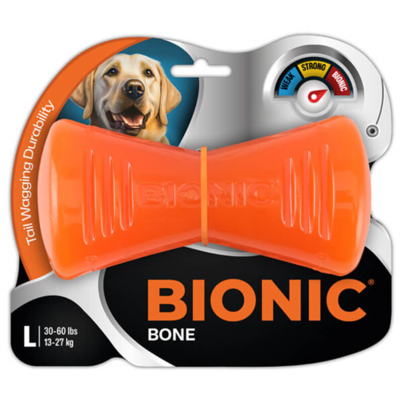 Bionic Bone by Bionic: bright orange dog chew toy for heavy chewers, shown with a dog on packaging.