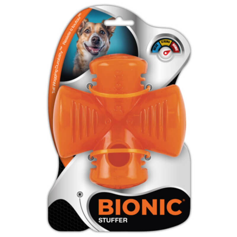 Bionic Stuffer X-shaped dog chew toy, treat dispensing, in retail packaging by Bionic.
