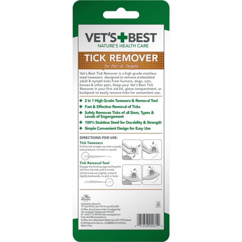 Back of Vets Best Tick Remover pack with stainless steel tweezers and instructions.