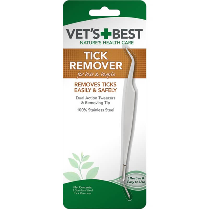 Vets Best Tick Remover with stainless steel tweezers for pets and people in packaging.
