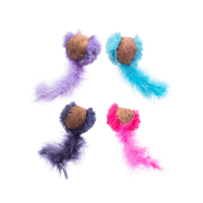 Four Kong Cat Cork Ball toys with colorful feathers in purple, blue, dark purple, and pink.