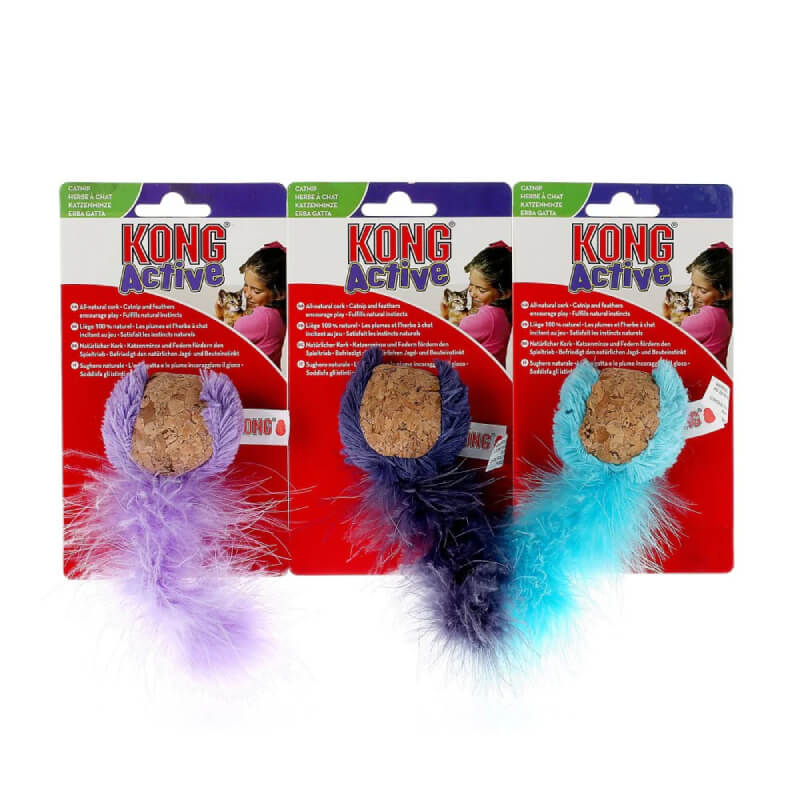 Three Kong Cat Cork Ball toys with feather accents from Kong for catnip playtime fun.