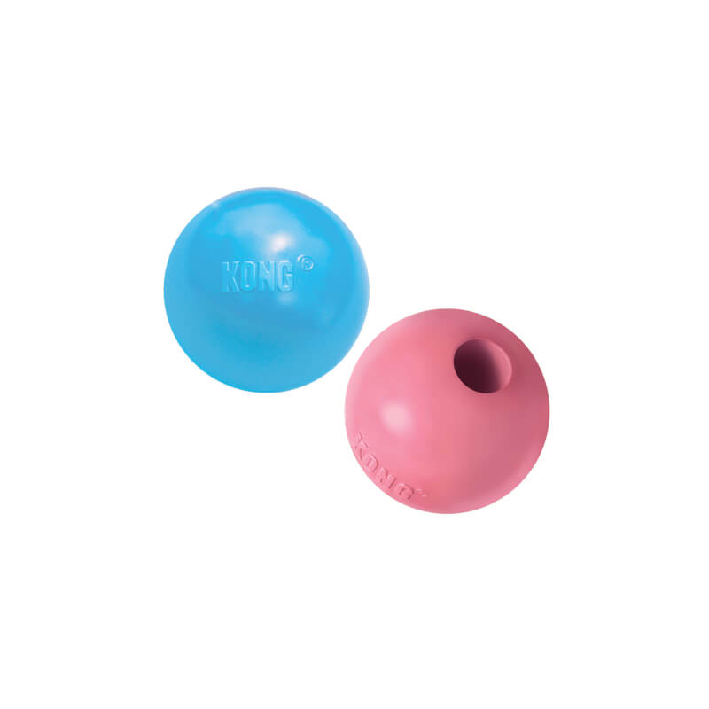 A blue and a pink KONG Puppy Ball With Hole (Medium/Large) on a white background.