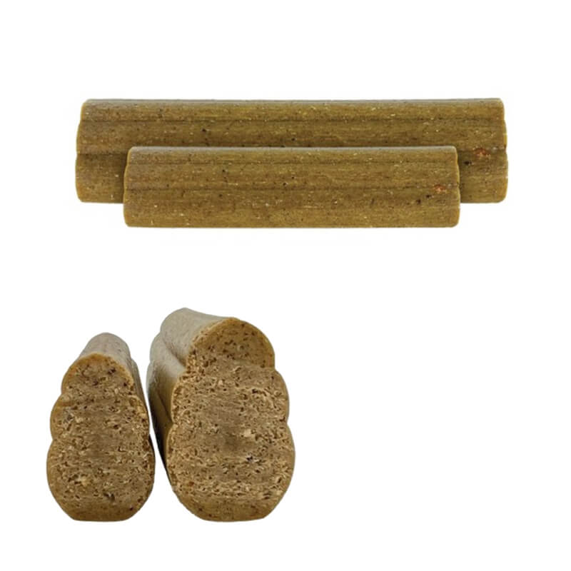 Three KONG Ziggies Enhanced chews for dogs, one opened to reveal the textured inside.
