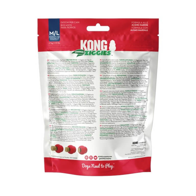 Back of KONG Ziggies Enhanced Medium Large 227g bag with dental chew feeding instructions.