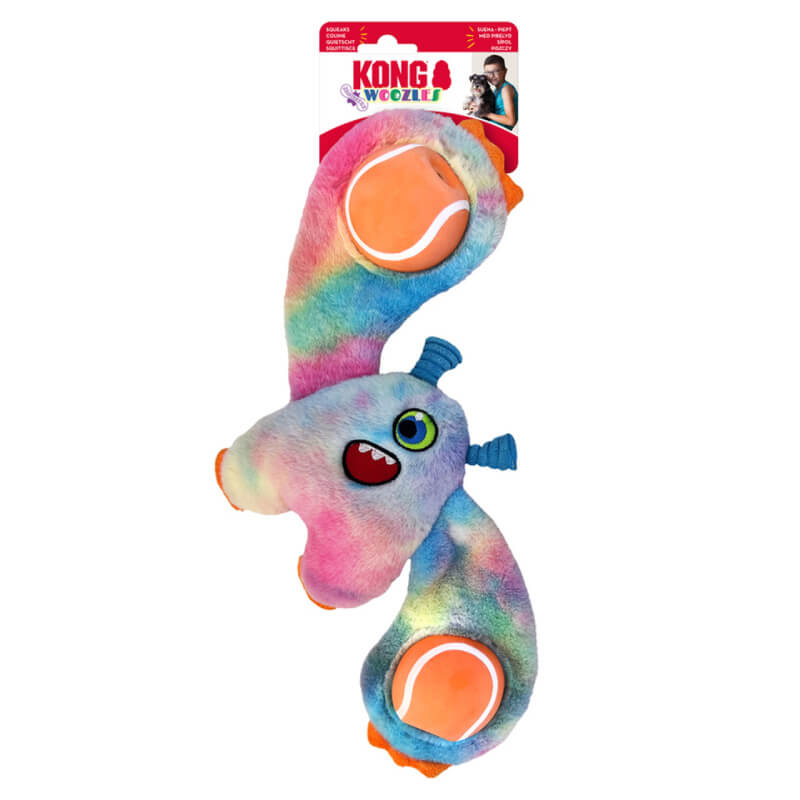 KONG Woozles Monster Assorted Medium dog toy with squeaker and playful monster face.