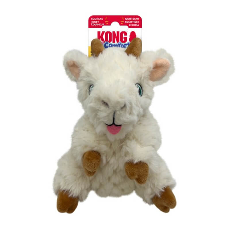 Kong Comfort Tykes Goat Small plush dog toy with squeaker, brown hooves, and horns.