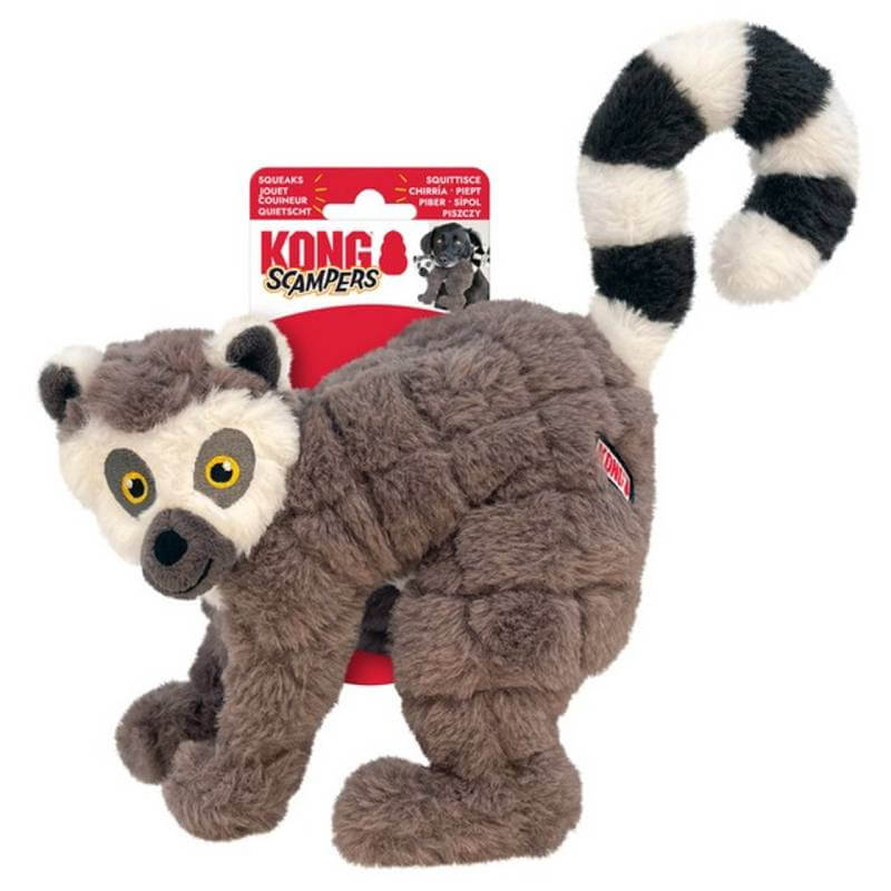 Kong KONG Scampers Lemur Medium plush dog toy with bushy tail and squeaker.