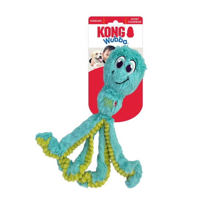 KONG Wubba Octopus Assorted Large dog toy with yellow trim and squeaker, in packaging.