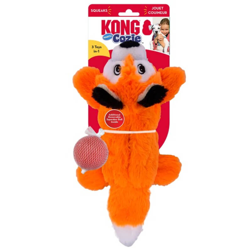 Kong Cozie Pocketz Fox Medium dog toy with squeaker balls, in labeled packaging.