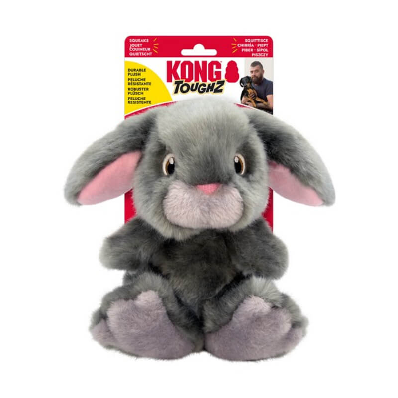 Kong KONG Toughz Bunny Medium: grey plush dog toy with pink ears on red packaging.