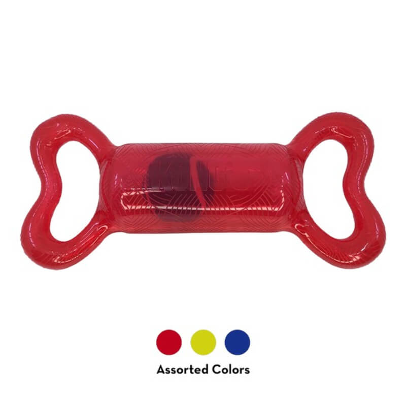 KONG Jumbler Tug Small/Medium: Tough toy with handles; red, yellow, or blue.