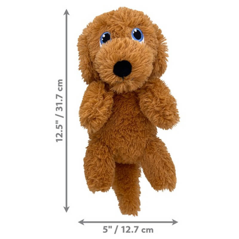 Kong Comfort Pups Goldie Medium by Kong, 12.5" tall, 5" wide, blue eyes, shown with markers.