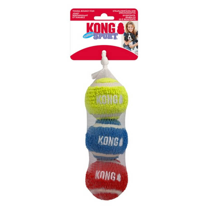 Kong Sport Softies Balls 3pk Assorted Medium—ideal tennis balls for dogs in a mesh bag.