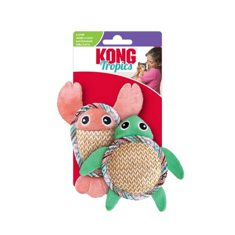 Kong Tropics Pals catnip toys, crab & turtle shapes, with cat-and-woman packaging.
