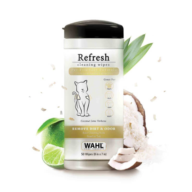 Wahl Cat Refresh Cleaning Wipes - Coconut Lime Verbena with background leaves.