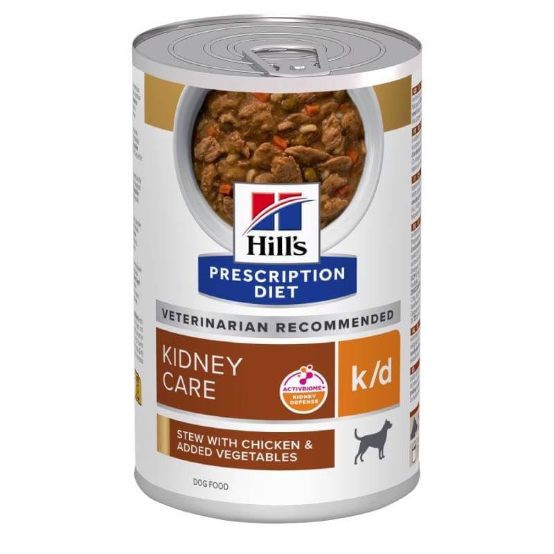 Hills Prescription Diet Canine K/D Stew with Chicken & Veg 12x354g can label.