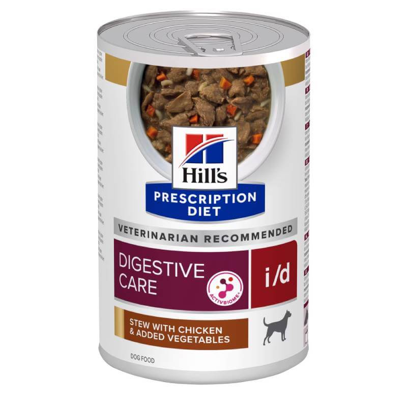 Hills Prescription Diet Canine I/D Stew Chicken & Veg 12x354g, highly digestible dog food.