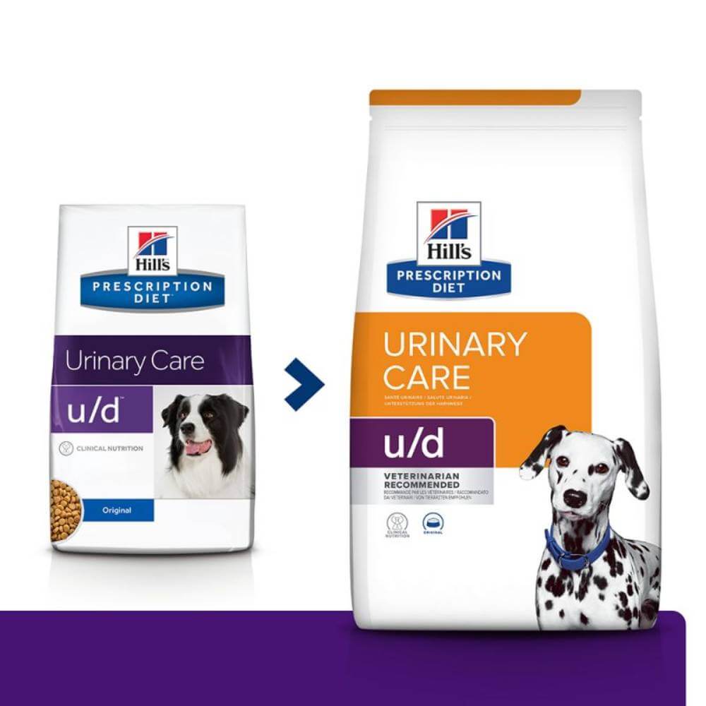 Hills Prescription Diet U/D Urinary Care dry food for dogs prone to urate uroliths.