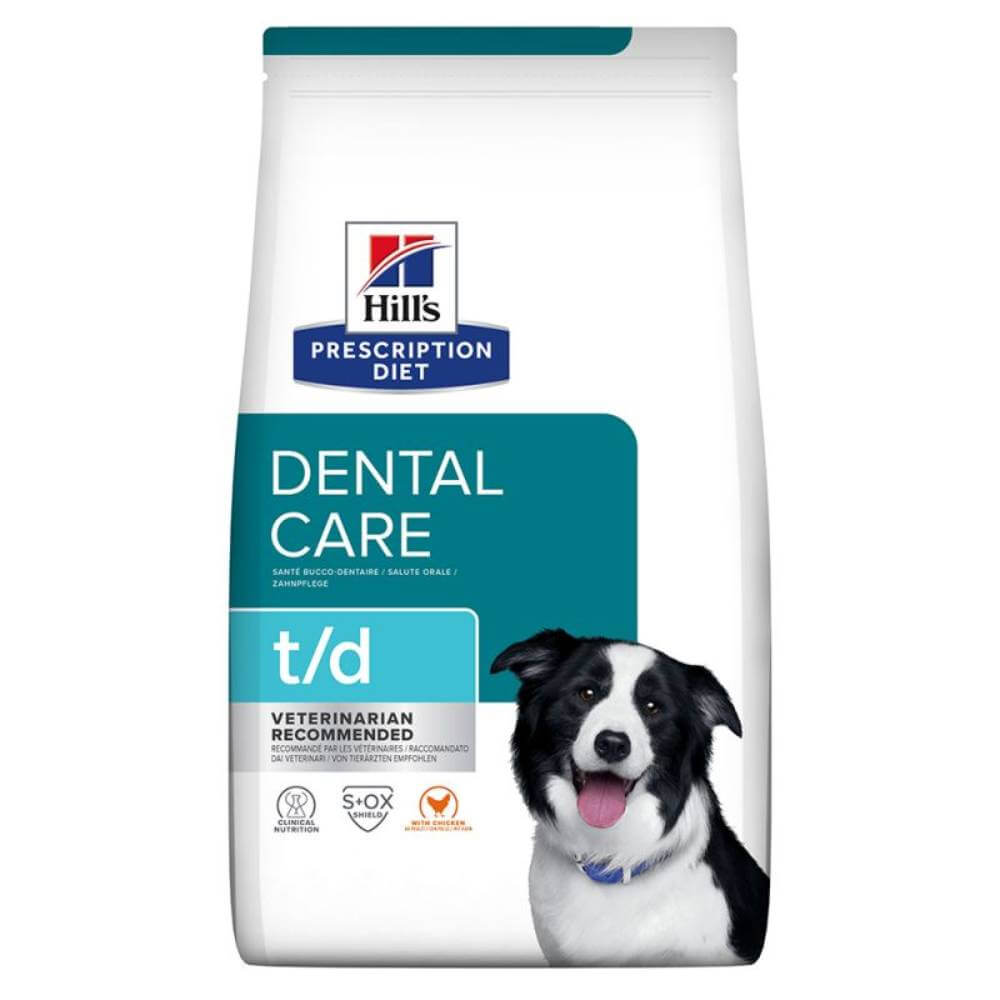 Hills Prescription Diet T/D Canine dog food promotes oral health for your dog.