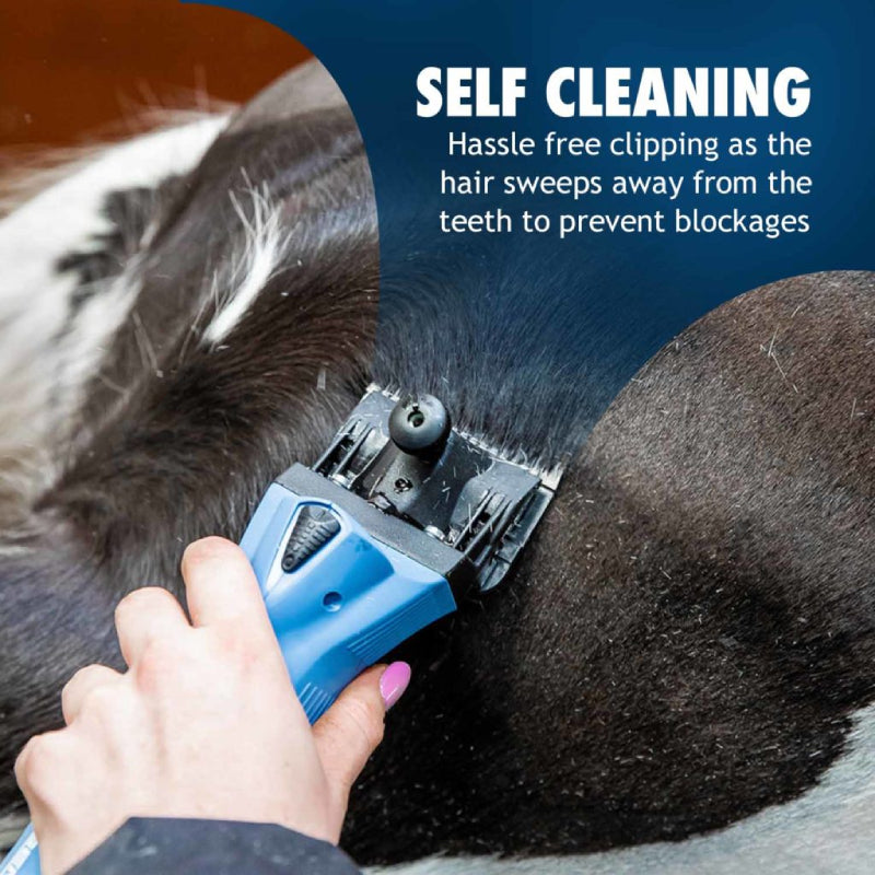 Hand using blue clipper with Lister A2/AC Medium Blades to trim dark fur, self-cleaning shown.