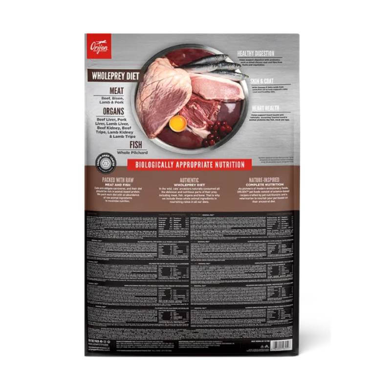 Orijen Regional Red Cat Food bag features product info for a protein-rich feline diet.