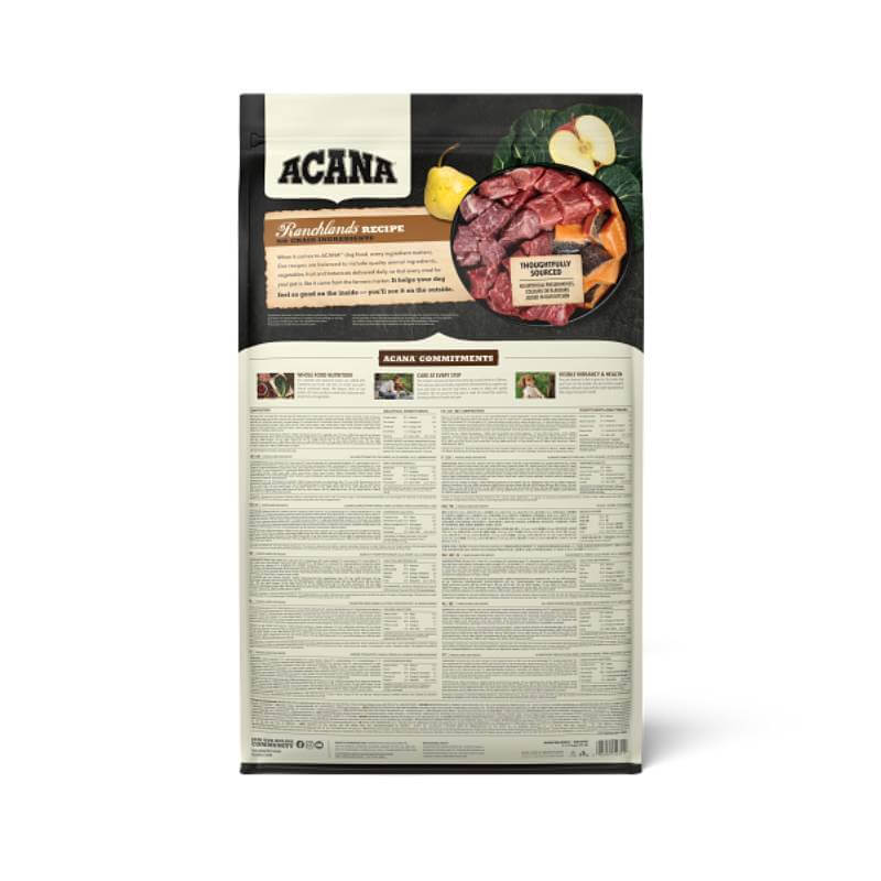 Acana Ranchlands Dog Food—high in animal protein, with detailed info and ingredient images.