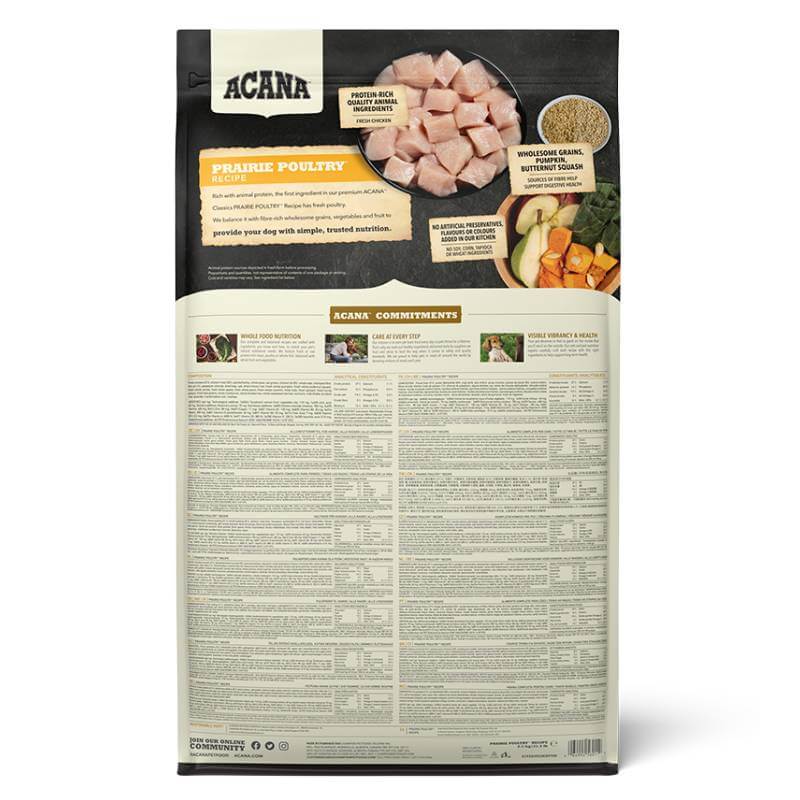 Acana Prairie Poultry bag shown with ingredients and immune support details.