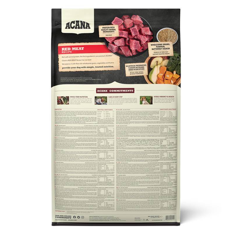 Acana Red Meat dog food bag lists healthy digestion ingredients on back.