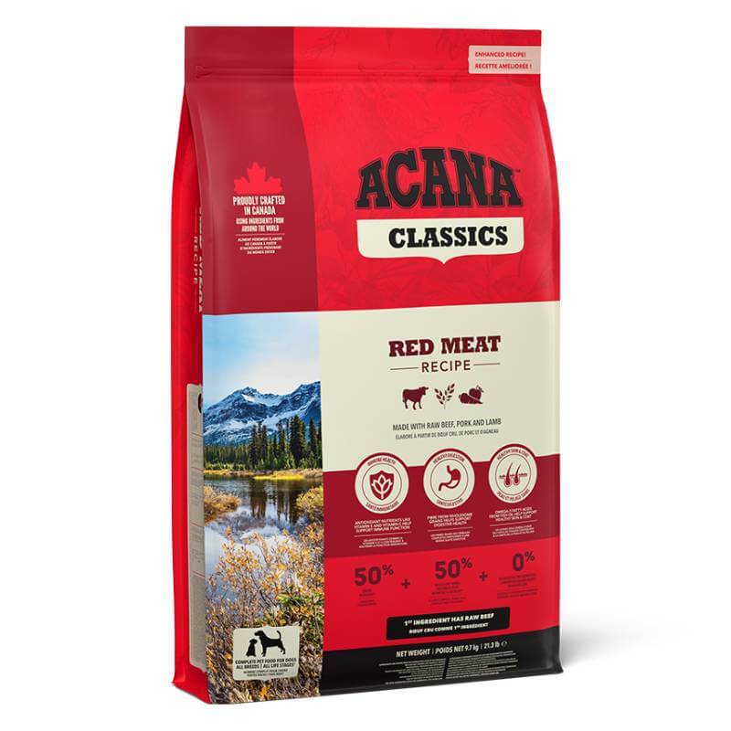 Acana Red Meat dog food bag, red/beige, 9.7 kg, grain inclusive.