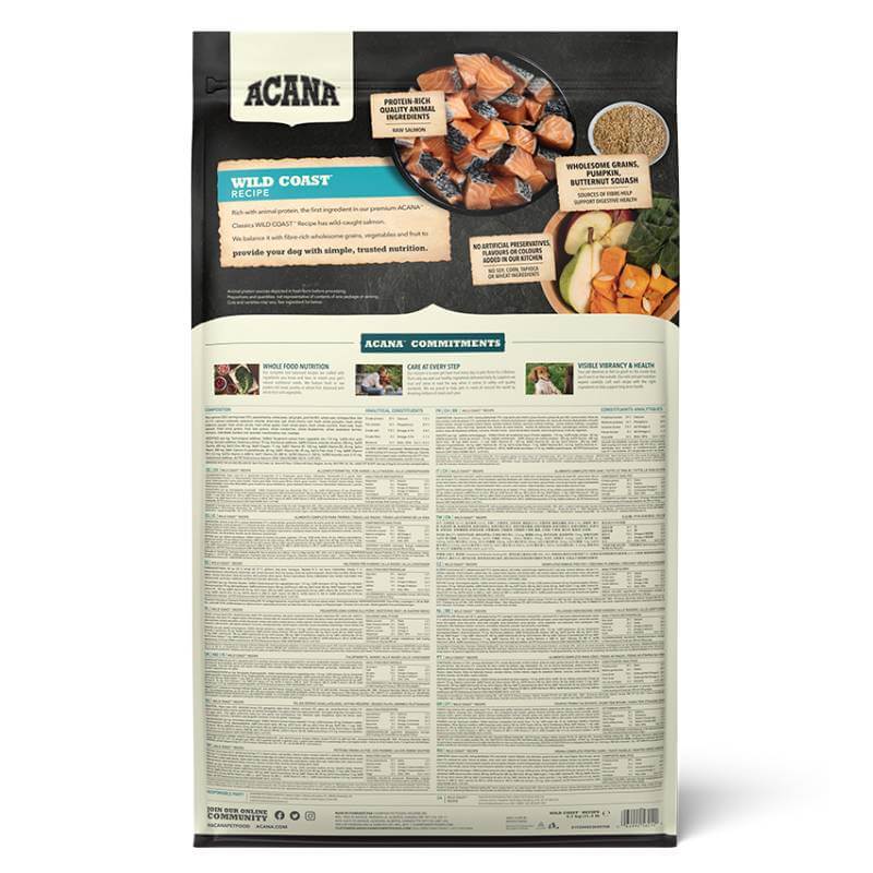 Acana Wild Coast Dry Dog Food, with fish and veggies, labeled on Acana brand packaging.