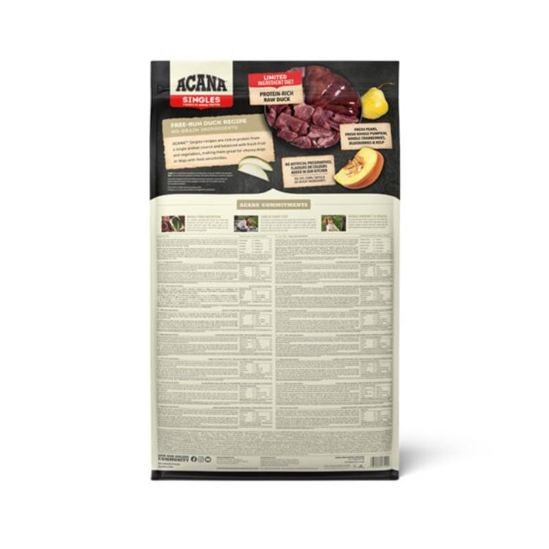 Acana Free Run Duck Dog Food, limited ingredient, grain free; details on back.